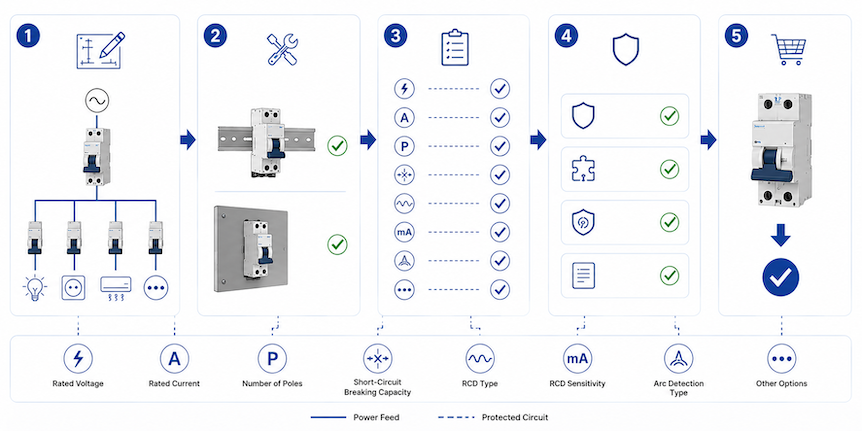 This diagram illustrates the recommended AFDD selection workflow after the protection architecture has been determined. It visually shows the sequence of defining installation methods, electrical parameters, compatibility checks, and final device selection to ensure safe, compliant, and reliable circuit protection.