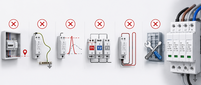 Illustration of common surge protective device (SPD) installation mistakes, including incorrect grounding, excessive lead length, poor coordination, and improper installation practices.