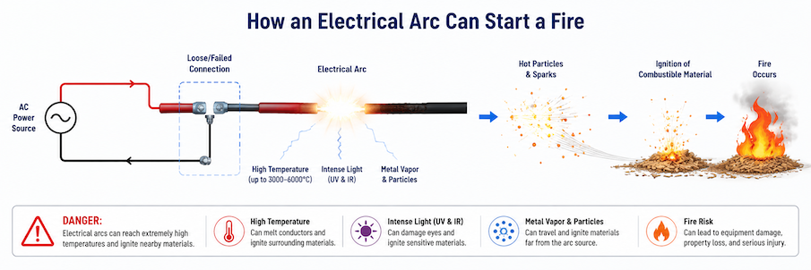 This technical diagram explains how a loose or damaged electrical connection creates an electrical arc that releases intense heat, sparks, and metal particles, eventually igniting nearby combustible materials and causing a fire.