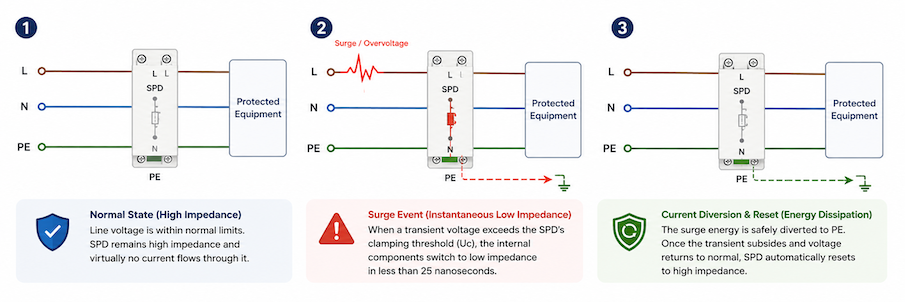 How a surge protective device (SPD) works in three steps.