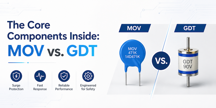 MOV vs. GDT components inside a surge protective device (SPD).