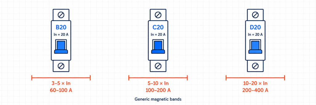 Generic magnetic trip bands for B20, C20 and D20 miniature circuit breakers.