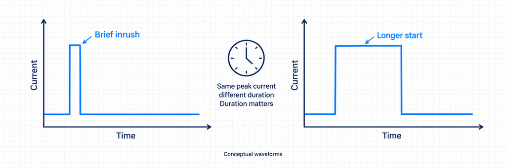 Conceptual waveforms comparing brief inrush and a longer start at the same peak current.