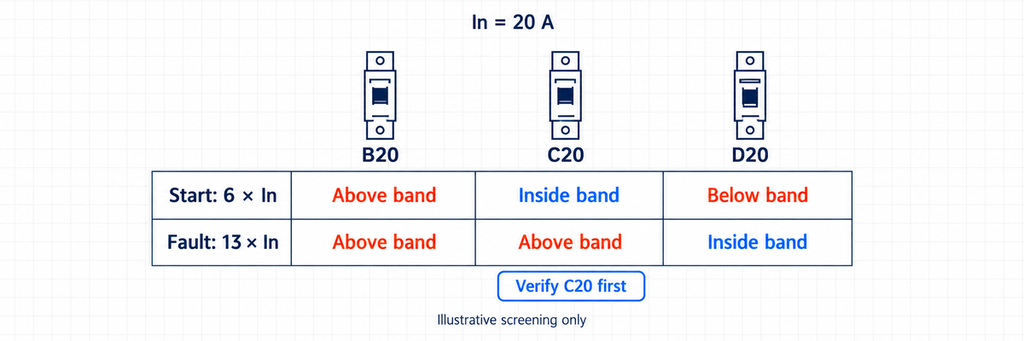 Illustrative B20, C20 and D20 screening at six times rated starting current and thirteen times rated fault current.