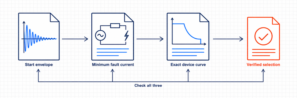 MCB selection workflow checking the start envelope, minimum fault current and exact device curve.