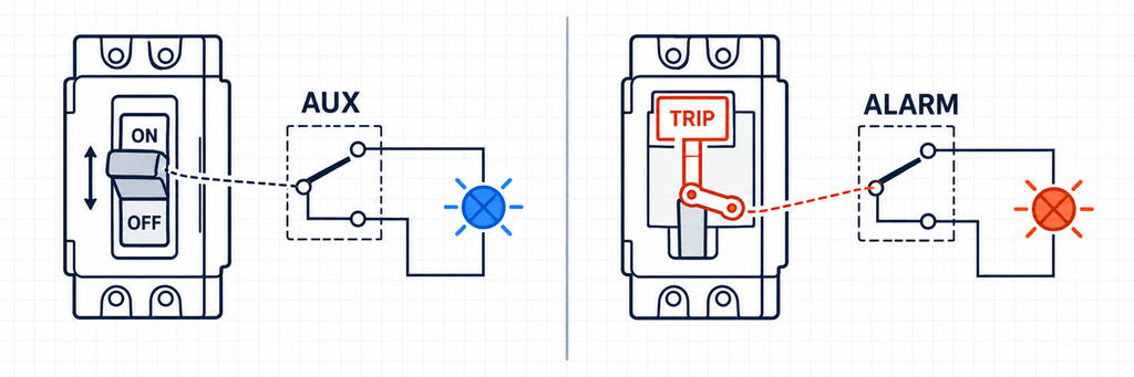 MCCB auxiliary contact reporting breaker position compared with an alarm contact reporting a trip event.