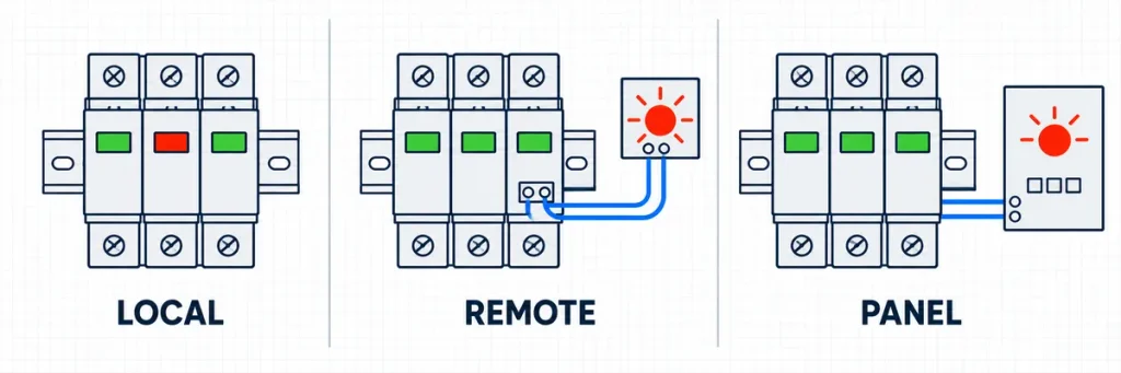 Comparison of a local red SPD window, remote alarm contact and panel controller alarm.