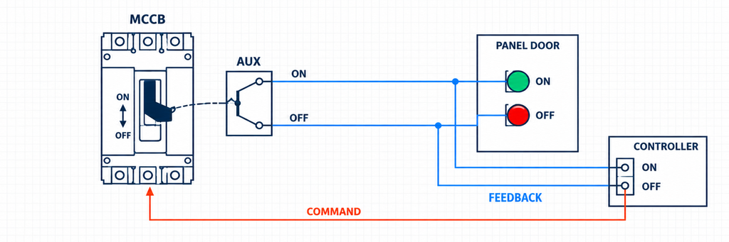 MCCB auxiliary contact providing separate ON and OFF position feedback to panel lamps and a controller.
