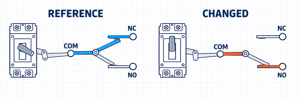 Changeover auxiliary contact showing COM connected to NC in the reference state and to NO after the mechanism changes.