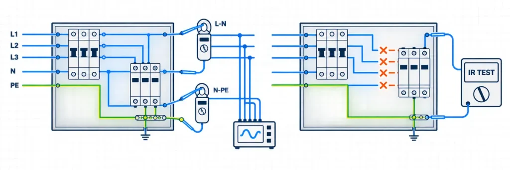 Field voltage measurements around an SPD and isolation before insulation-resistance testing.