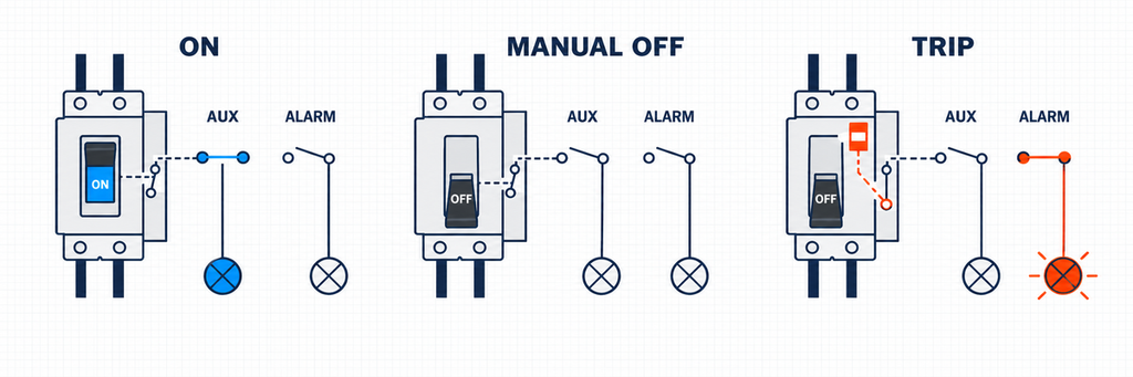 Comparison of MCCB ON, manual OFF and trip states showing when auxiliary and alarm contacts operate.