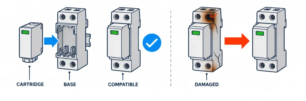 Decision between replacing a compatible SPD cartridge and replacing a damaged complete assembly.