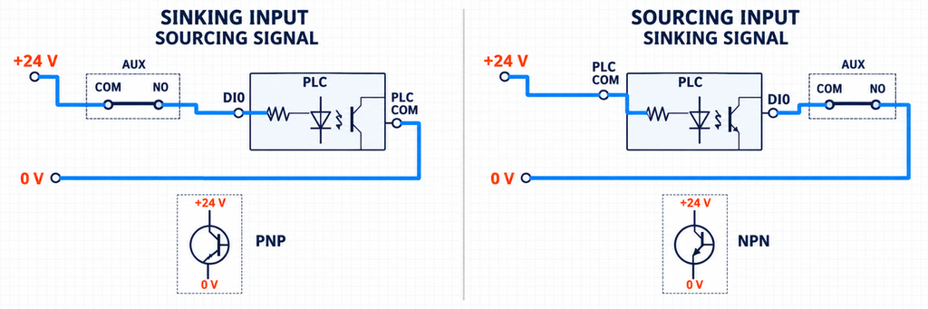Two 24 volt PLC input arrangements showing a dry contact switching a sourcing or sinking field signal.