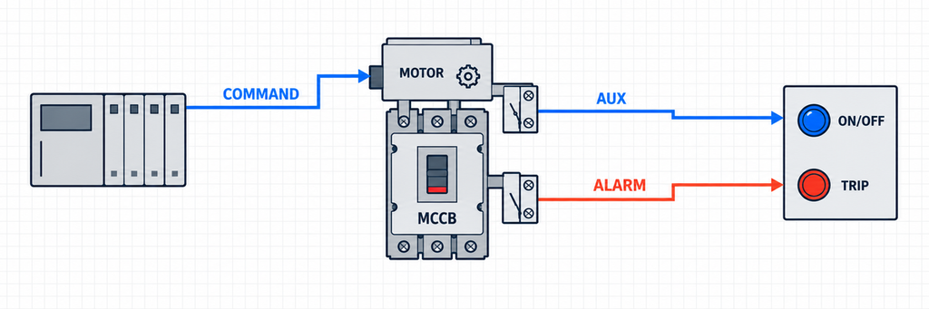 Motor-operated MCCB using independent auxiliary position and alarm trip feedback signals.