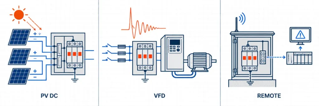 Different SPD red indicator investigations for solar PV, VFD loads and remote cabinets.