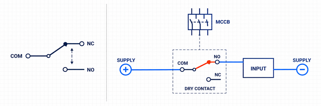 MCCB changeover contact and externally powered dry-contact controller input circuit.